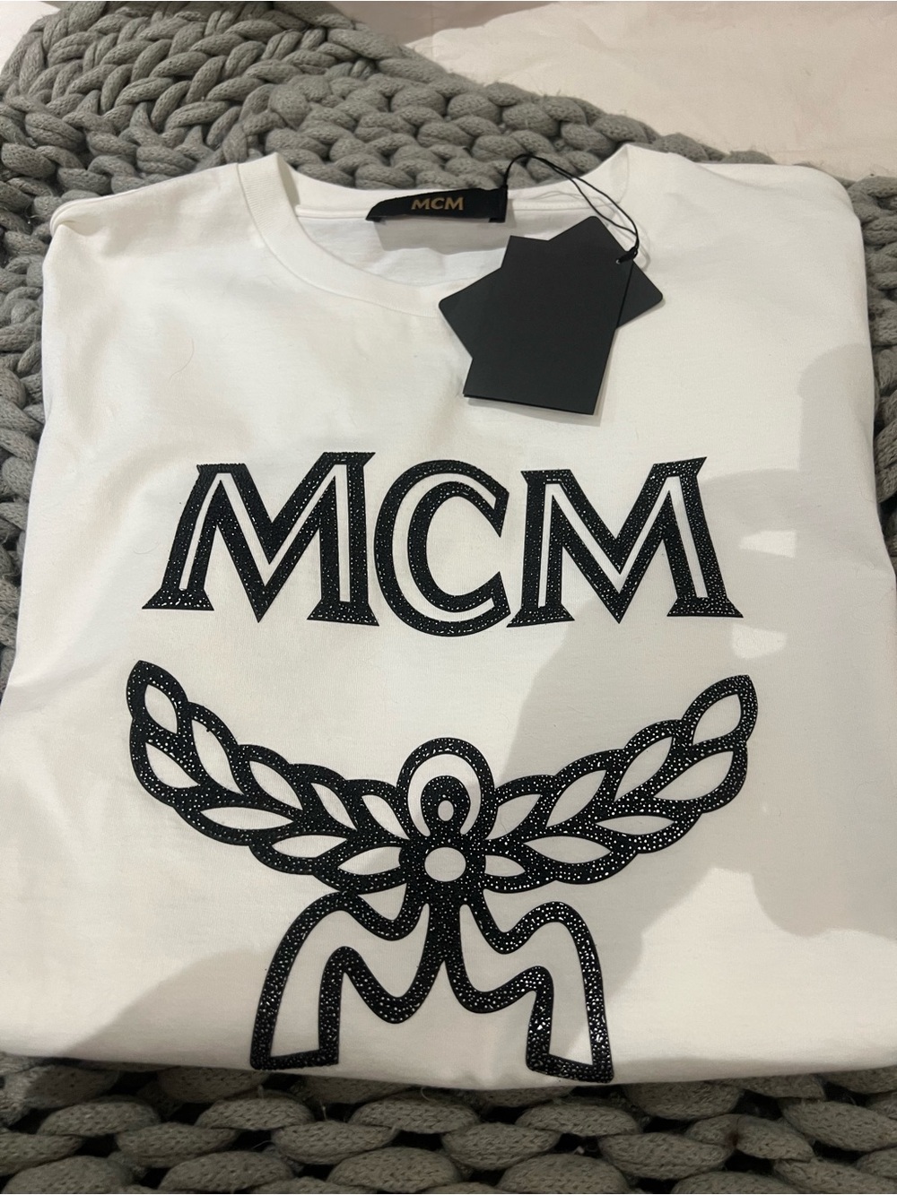 MCM White Short Sleeve Tee with Black Logo Graphic
